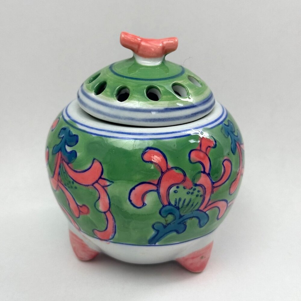 Ben Rickert Vintage Ceramic Box Green Swirl 4" High Potpourri Trinket Chinese